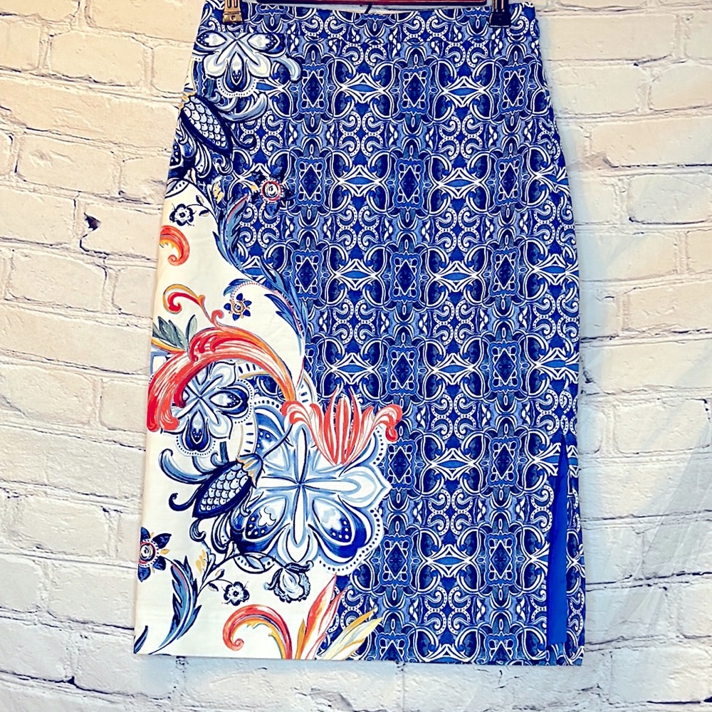 Anthropologie Moulinette Soeurs Blue White Floral High Waisted Skirt Size 0